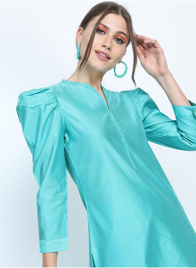 Vishudh Side Slit Detail Puff Sleeves Kurta & Trousers Set by Styli  - Image 2