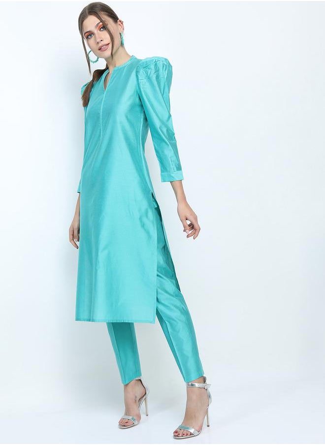Vishudh Side Slit Detail Puff Sleeves Kurta & Trousers Set by Styli  - Image 3