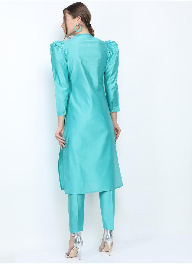 Vishudh Side Slit Detail Puff Sleeves Kurta & Trousers Set by Styli  - Image 4