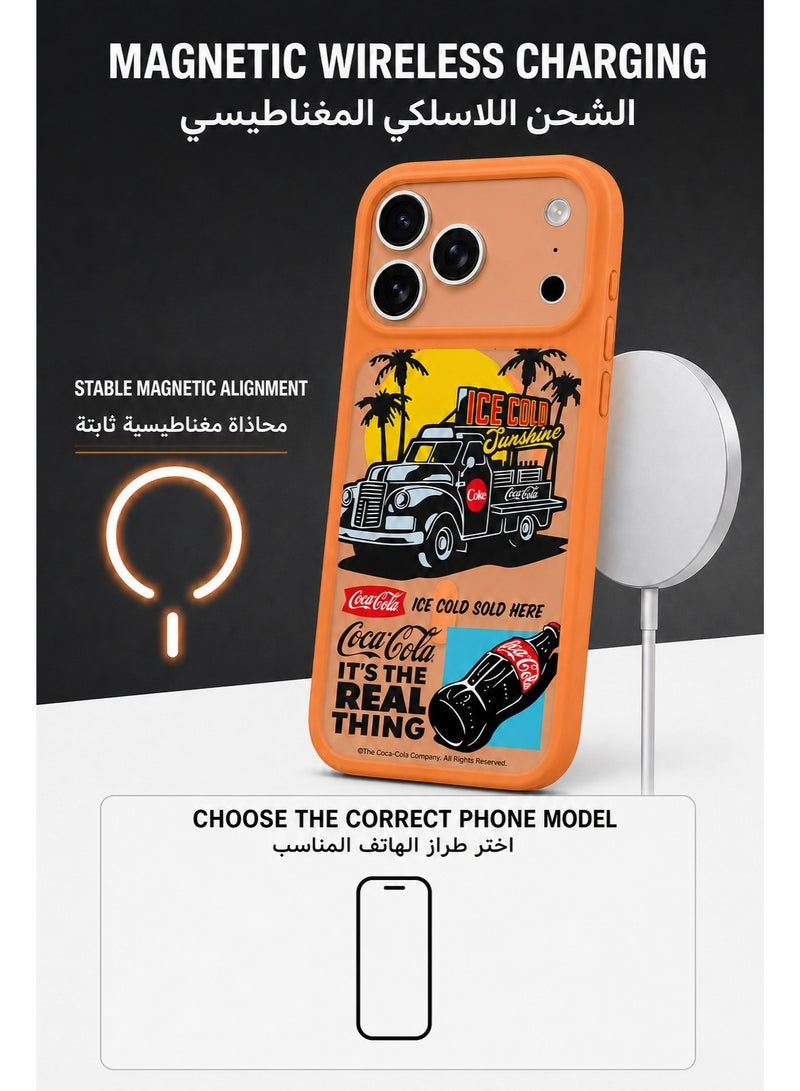 Coca-Cola iPhone 17 Pro Magnetic Phone Case, Ice Cold Sunshine Vintage Truck Design, Raised Camera Protection, Slim Matte TPU Cover, Orange - Image 3