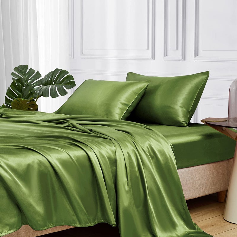 MRHM Satin Bed Sheets Queen Size Sheets Set 4 Pcs Silky Bedding Set with 15 Inches Deep Pocket for MattressQueen Sage
