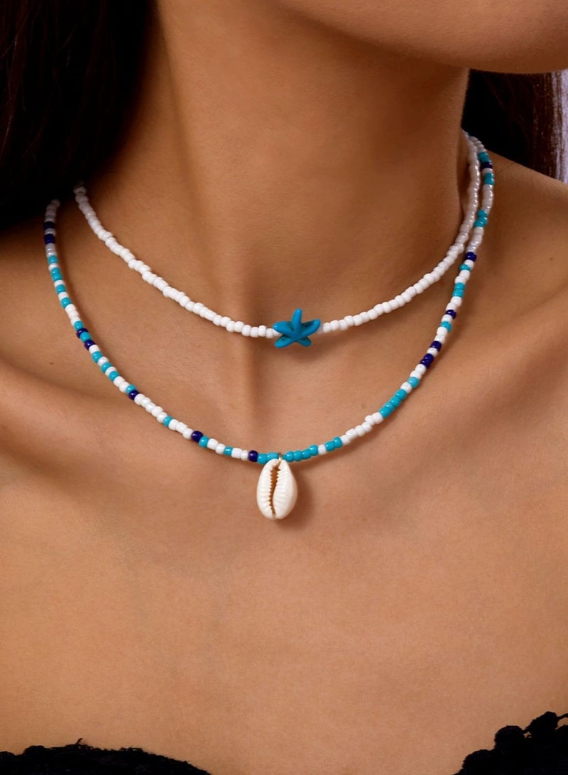 Bohemian style multi-layered shell necklace for women, fashionable pearl beads necklace, collarbone chain