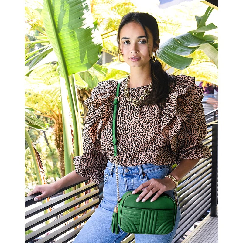 EVVE Quilted Crossbody Bags for Women - Stylish Camera Bag with Tassel - Lightweight Medium Size Shoulder Purse | Kelly Green - Image 2