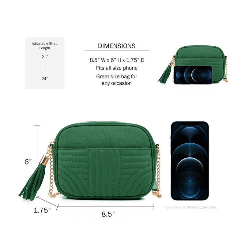 EVVE Quilted Crossbody Bags for Women - Stylish Camera Bag with Tassel - Lightweight Medium Size Shoulder Purse | Kelly Green - Image 4