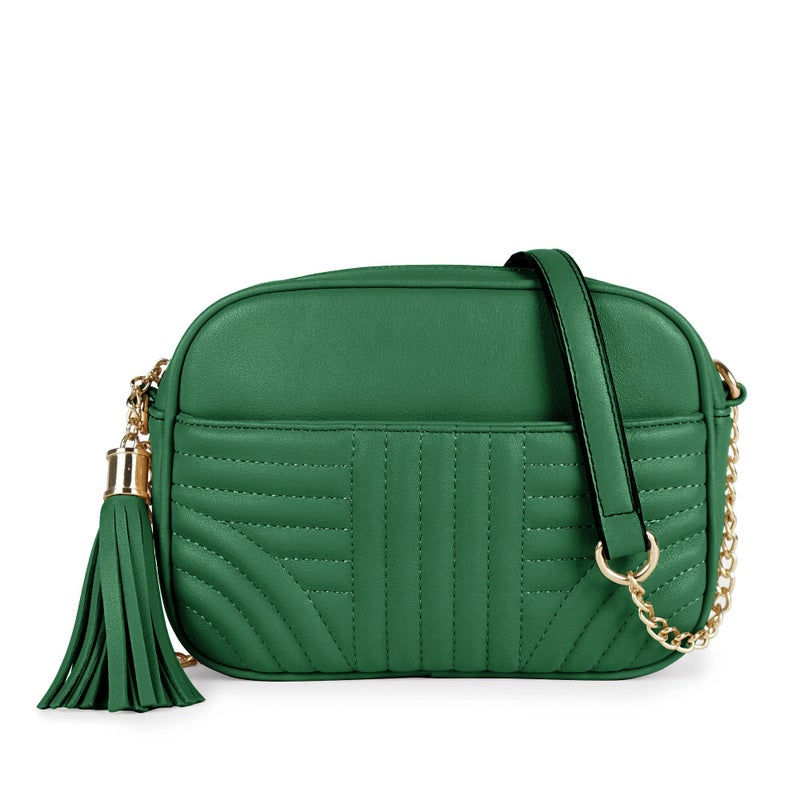 EVVE Quilted Crossbody Bags for Women - Stylish Camera Bag with Tassel - Lightweight Medium Size Shoulder Purse | Kelly Green - Image 1