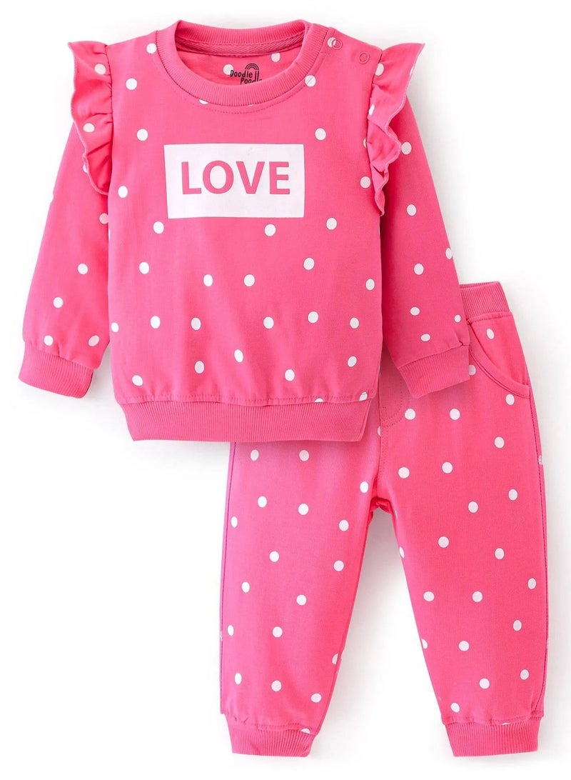 Doodle Poodle Cotton Knit Full Sleeves Frill Detailed T-Shirt & Lounge Pants Co Ord Set With Text & Polka Dots Print - Pink  - Image 1