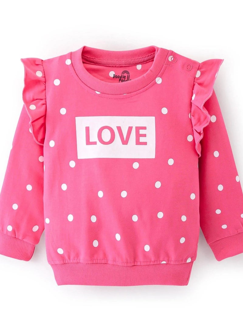 Doodle Poodle Cotton Knit Full Sleeves Frill Detailed T-Shirt & Lounge Pants Co Ord Set With Text & Polka Dots Print - Pink  - Image 2