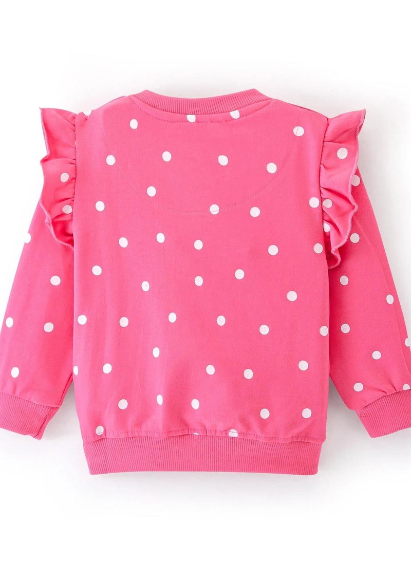 Doodle Poodle Cotton Knit Full Sleeves Frill Detailed T-Shirt & Lounge Pants Co Ord Set With Text & Polka Dots Print - Pink  - Image 3