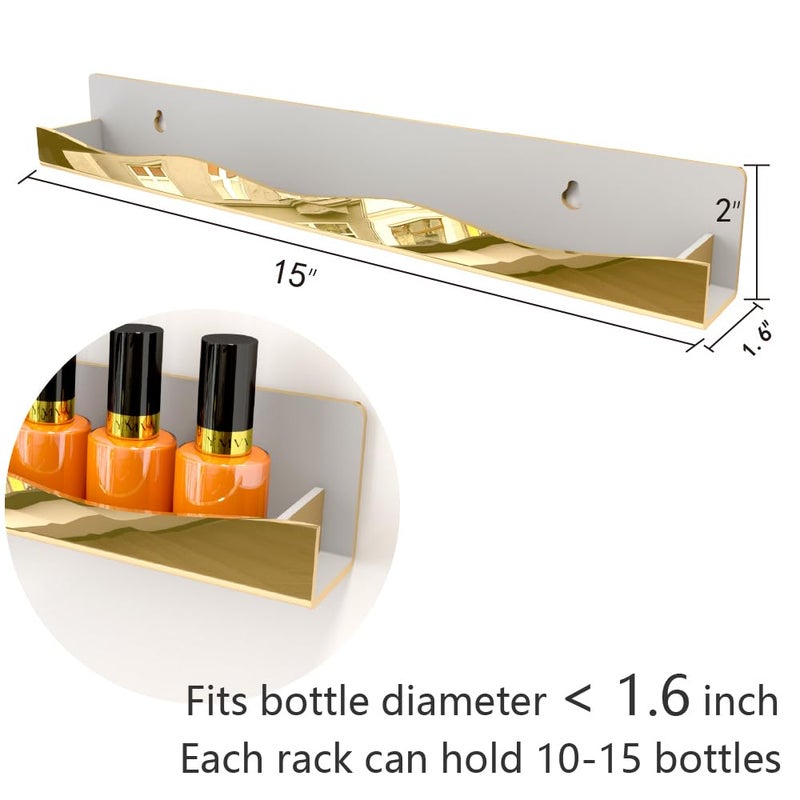 YMVV Wall-Mounted Nail Polish Organizer Rack - 15-Inch Gold Mirror Finish Nail Polish Shelf, Makeup & Beauty Essentials Storage - Multi-Purpose Display Holder for Small Space, Vanity Bathroom, 6 Pack - Image 2
