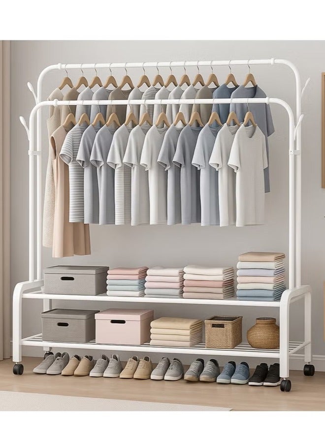 BLOOMING TIME 2-Row Simple Coat Rack, Floor-Standing Hanging Rack, Bedroom Storage Shelf, Movable Household Indoor Clothes Drying Rack With Wheels - Image 1