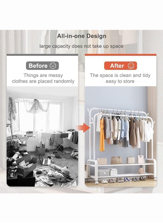 BLOOMING TIME 2-Row Simple Coat Rack, Floor-Standing Hanging Rack, Bedroom Storage Shelf, Movable Household Indoor Clothes Drying Rack With Wheels - Image 3