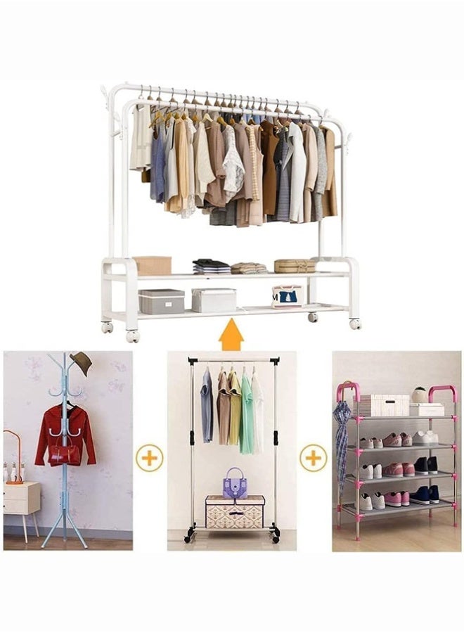BLOOMING TIME 2-Row Simple Coat Rack, Floor-Standing Hanging Rack, Bedroom Storage Shelf, Movable Household Indoor Clothes Drying Rack With Wheels - Image 5