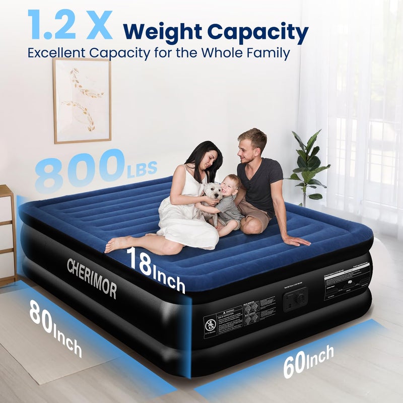 CHERIMOR Queen Air Mattress with Built in Pump, 18" Raised Comfort, Multi-Layer Leakproof, Heavy-Duty Support Blow Up Mattress, 800lbs High Capacity, 3 Min Inflation for Home Camping Guests - Image 4