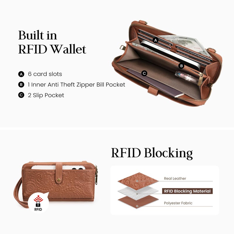 befen Genuine Leather Wristlet Purses for Women Designer Cell Phone Wallet Small Leather Crossbdoy Bags Brown Leather Purse with Built in Wallet Soft Clutch Handbag with Wrist and Crossbody Strap - Image 3