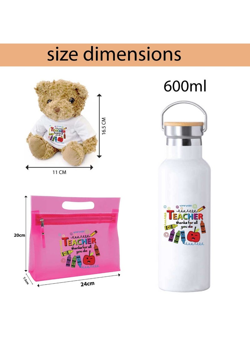 PRINTSHOP4ME - Teacher's Day Pack of 3 Combo Pack - Stainless Steel Bamboo Cap Flask Bottle 600ml, Pink Cosmetic Bag and Teddy Bear - Teacher's Day Gift Set - Gift for World Teachers Day - Image 1