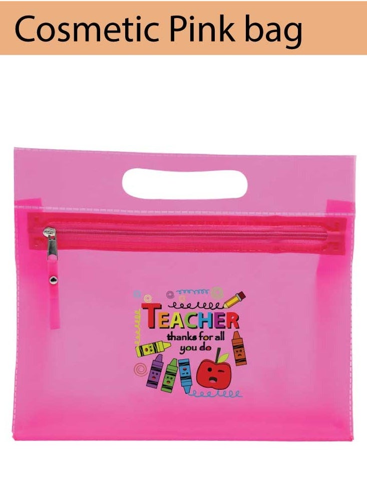 PRINTSHOP4ME - Teacher's Day Pack of 3 Combo Pack - Stainless Steel Bamboo Cap Flask Bottle 600ml, Pink Cosmetic Bag and Teddy Bear - Teacher's Day Gift Set - Gift for World Teachers Day - Image 1