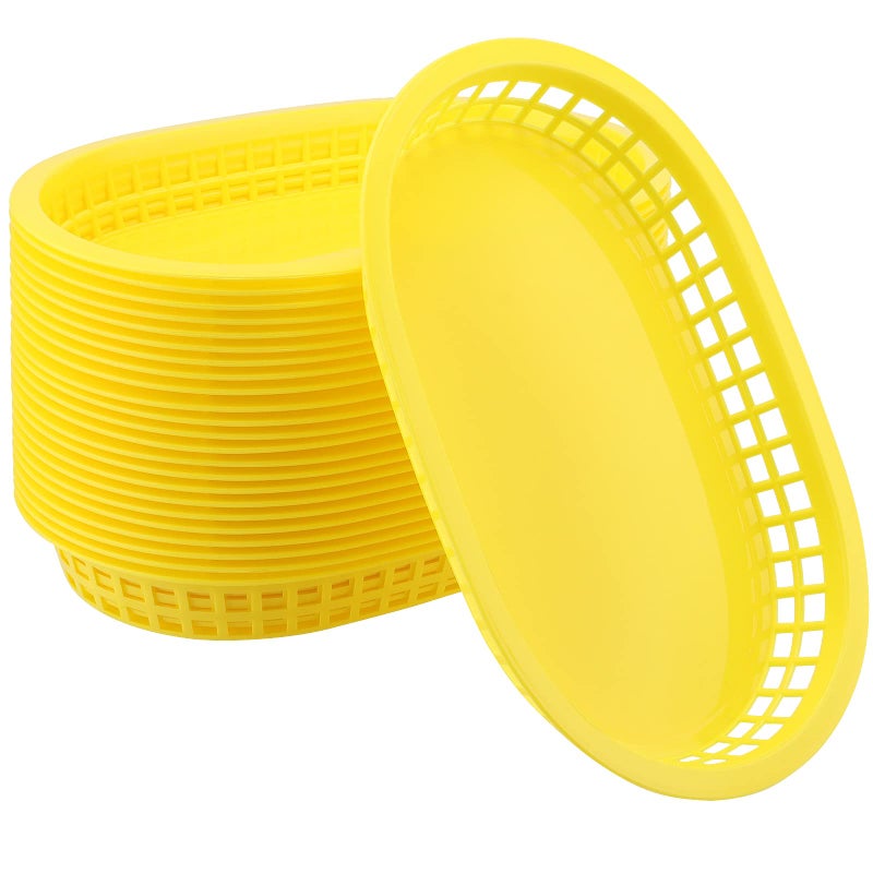 KOHAND 24 Pack 11 x 7 Inch Yellow Fast Food Basket Plastic Oval Shaped Fast Food Serving Basket Deli Food Service Basket for Bread Hot Dog Burgers Sandwiches Fries Barbecues