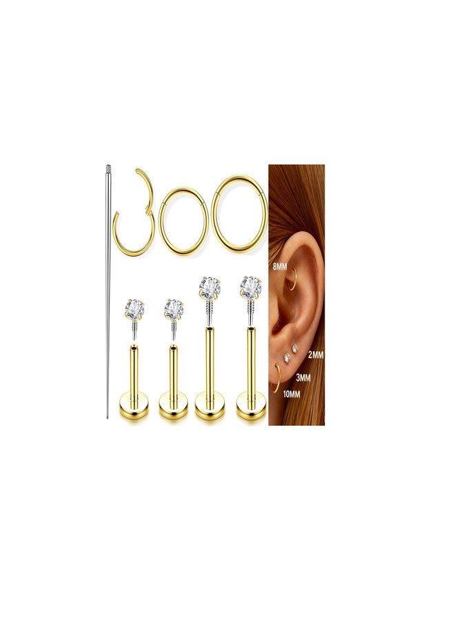 Incaton 18G Hypoallergenic Flat Back Stud Earrings, 316L Surgical Steel Internal Thread CZ Stud for Helix Tragus Cartilage Conch Nose Lip Hoops Labret Rings Piercing Jewelry For Women Gold - Image 1