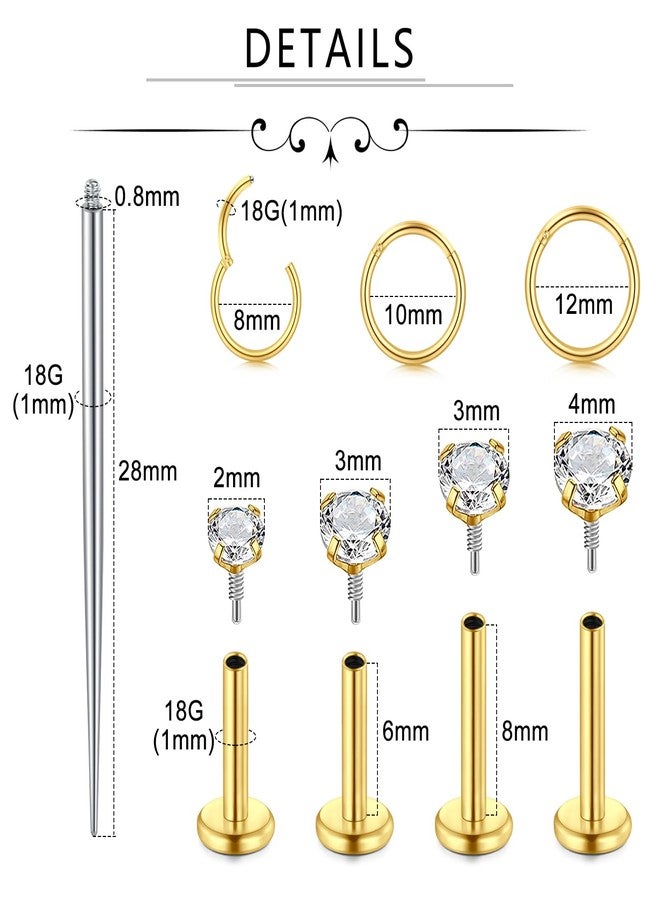 Incaton 18G Hypoallergenic Flat Back Stud Earrings, 316L Surgical Steel Internal Thread CZ Stud for Helix Tragus Cartilage Conch Nose Lip Hoops Labret Rings Piercing Jewelry For Women Gold - Image 2