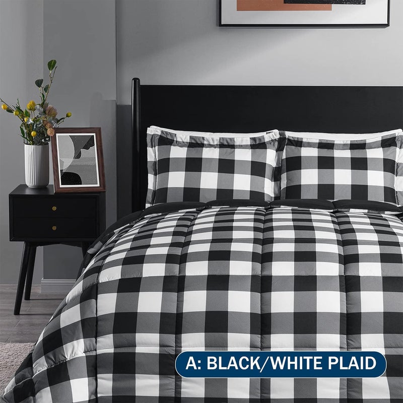 داونلوكس مجموعة لحافات King Size Comforter (لون بني وأزرق)، مجموعات أغطية أسرّة ناعمة لجميع المواسم - 3 قطع: لون أرجواني ورمادي، لح��ف قابل للتحويل. - Image 2