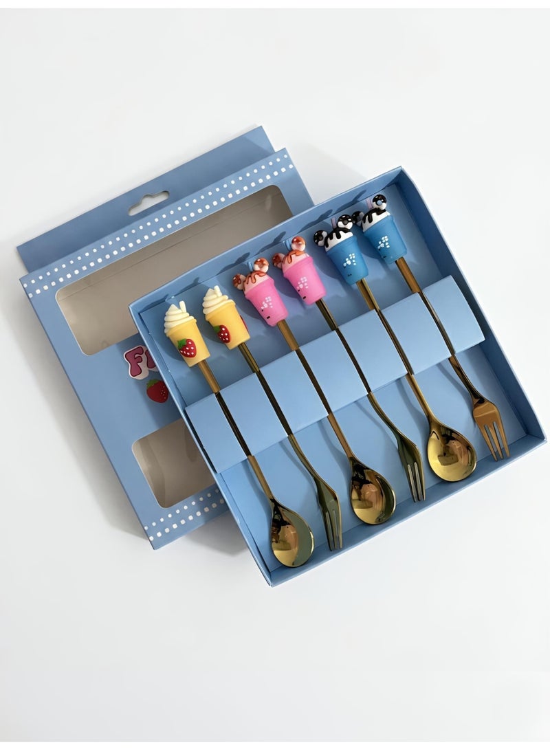 Aura Style Ice Cream Dessert Spoon and Fork Set for Kids & Parties, Cute Decorative Flatware, Gold Stainless Steel - Image 3