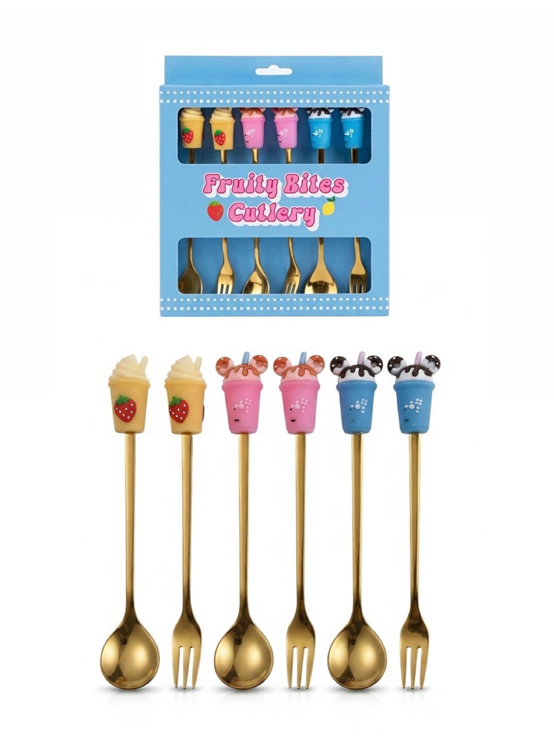 Aura Style Ice Cream Dessert Spoon and Fork Set for Kids & Parties, Cute Decorative Flatware, Gold Stainless Steel - Image 1