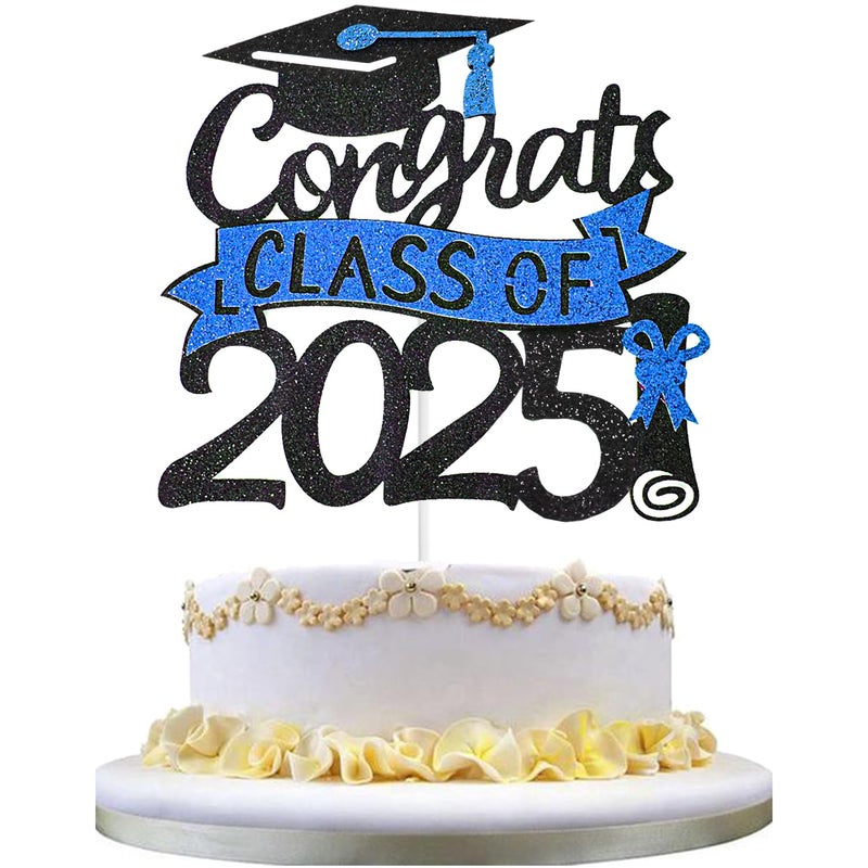 Chewarelly 1 Pack 2025 Class Of cake Topper  Glitter Congrats Grad Cake Decor Graduation Cake Picks for Senior High School College Grad Party Decorations Supplies(Black with Royal Blue) A - Image 1