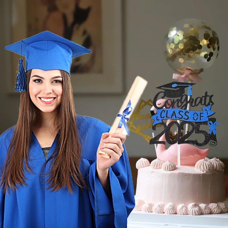 Chewarelly 1 Pack 2025 Class Of cake Topper  Glitter Congrats Grad Cake Decor Graduation Cake Picks for Senior High School College Grad Party Decorations Supplies(Black with Royal Blue) A - Image 3