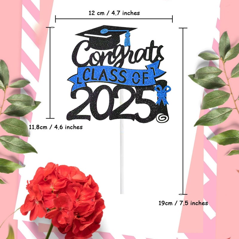 Chewarelly 1 Pack 2025 Class Of cake Topper  Glitter Congrats Grad Cake Decor Graduation Cake Picks for Senior High School College Grad Party Decorations Supplies(Black with Royal Blue) A - Image 2