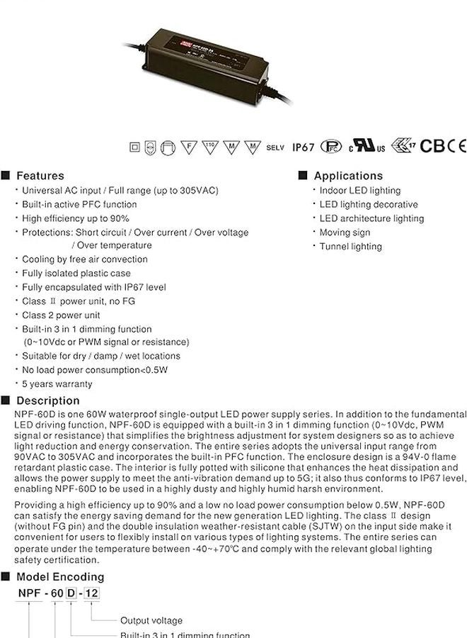 NPF 60D 36 Constant Current LED Driver Power Supply 60 12W AC DC Converter For Lighting - Image 3