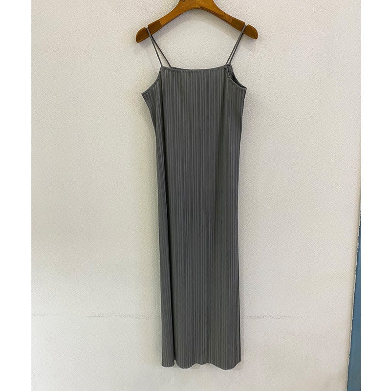 Spring Summer Pleated Midi Slip Dress for Women Black  - Image 2
