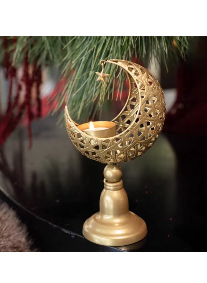 Golden Hollow Cutout Crescent Moon Iron Candle Holder, Ramadan Eid Tabletop Aromatherapy Candle Stand, Decorative Islamic Centerpiece Ornament Gift for Home Bedroom Office Villa - Image 1