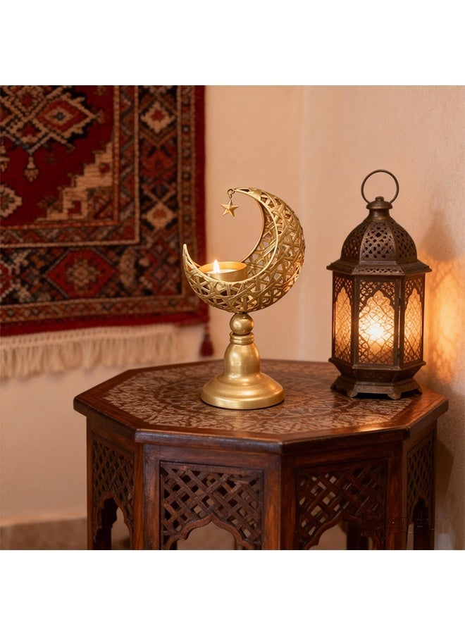 Golden Hollow Cutout Crescent Moon Iron Candle Holder, Ramadan Eid Tabletop Aromatherapy Candle Stand, Decorative Islamic Centerpiece Ornament Gift for Home Bedroom Office Villa - Image 2