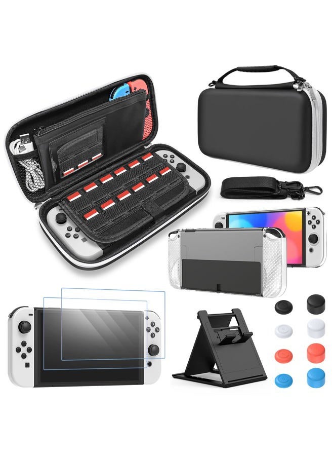 FYOUNG Accessories Bundle Compatible with Nintendo Switch OLED, Carrying Case with Shoulder Strap for Switch OLED and Tempered Glass Screen Protector, Protective Cover Case, Kickstand &Thumb Grip Caps- Black - Image 1