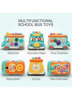 Generic C ute Stone Push Pull Bus Toy, Baby Musical Learning Toys with Sound  Light, Whack a Mole Game, Shape Matching, Gear, Toy Clock, Activity Bus Toy Early Education Gift for Toddler Boys Girls  - Image 3
