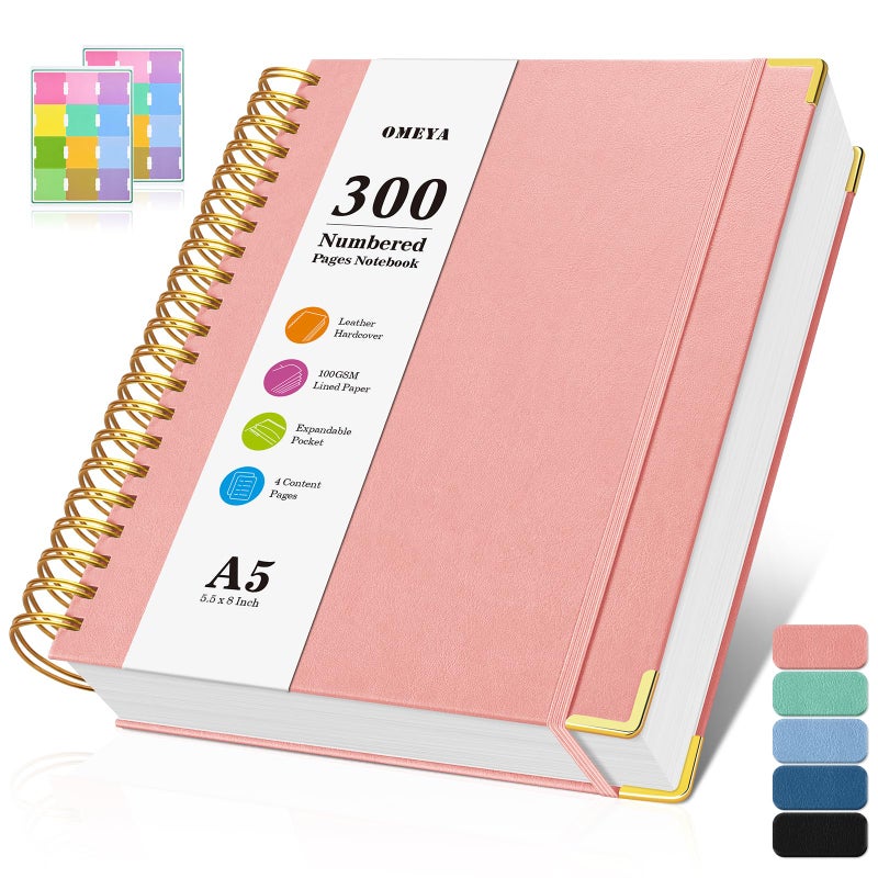 OMEYA Spiral Notebook, 300 Numbered Pages Notebooks College Ruled with Contens, 100GSM Thick Journal for Women Men, Hardcover Leather Lined Journal for Writing, Large A5 Notebooks for Work School, 6" x 8" - Image 1