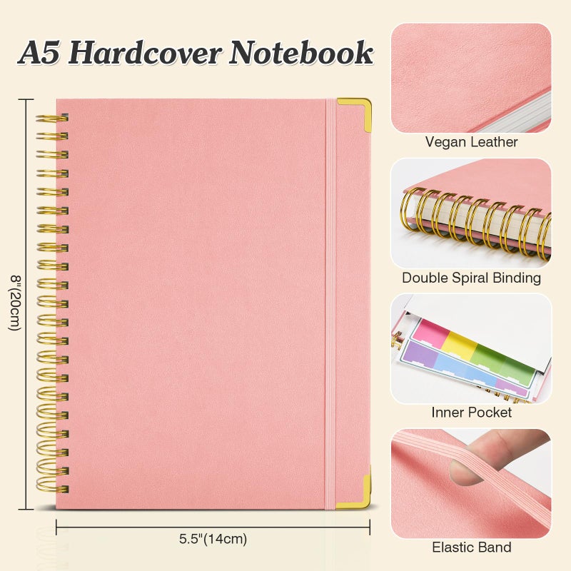 OMEYA Spiral Notebook, 300 Numbered Pages Notebooks College Ruled with Contens, 100GSM Thick Journal for Women Men, Hardcover Leather Lined Journal for Writing, Large A5 Notebooks for Work School, 6" x 8" - Image 5