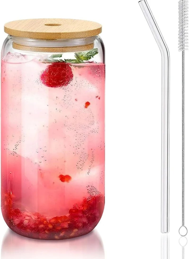 DAMCONME Glass Cup with Bamboo Lid and Straw – 1 Pack 16oz Reusable Iced Coffee Cup with Brush – Clear Drinking Glass for Tea, Juice, Water - Image 1