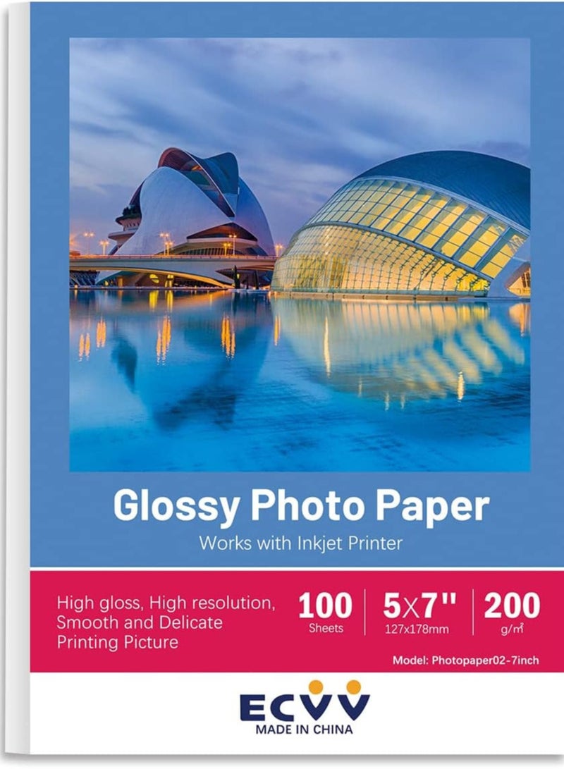 ECVV 5R Glossy Photo Paper 260gsm RC Premium Inkjet Print Paper, 127x178mm (5x7 Inch) Waterproof, High-Resolution, Instant Dry, Double-Sided Printing | 100 Sheets Pack - Image 1