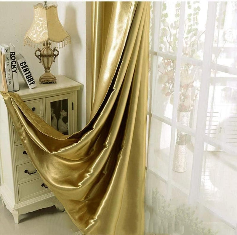 MYRU 1 Pair SemiBlackout Gold Curtains for Living Room Bedroom Grommet Top Golden Curtains for Windows Shiny Gold 2 x 52 x 96 Inch