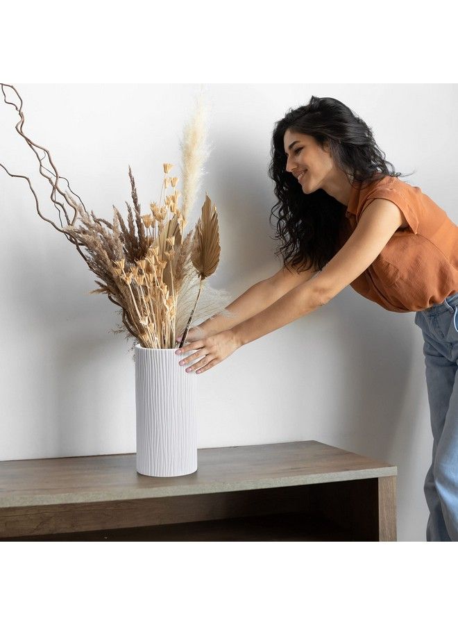D'vine Dev 12 Inch Cylinder Vase White Waterfall Textured Ceramic Flower Vase For Home Décor Vscr12 - Image 4