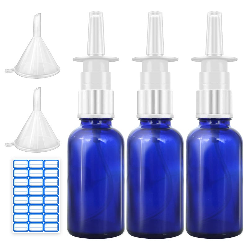 Cupohus Nasal Spray Bottle 3 Pcs 30ML1oz Cobalt Blue Glass Refillable Fine Mist Sprayers Atomizers Travel Sized Empty Nasal Sprayer with Funnels and Labels