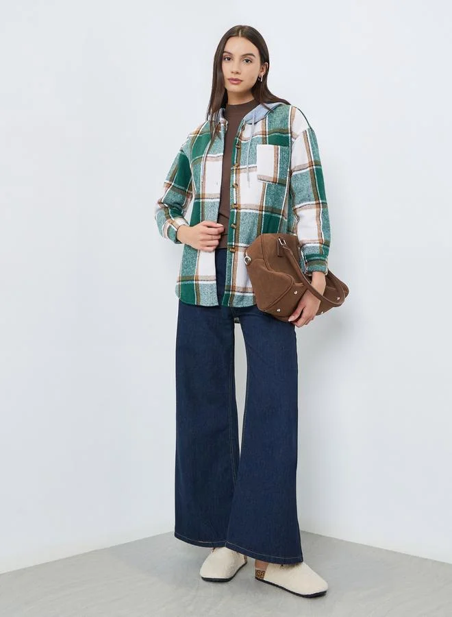 Take Two Checked Button Front Hooded Shacket