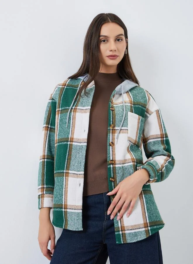 Take Two Checked Button Front Hooded Shacket