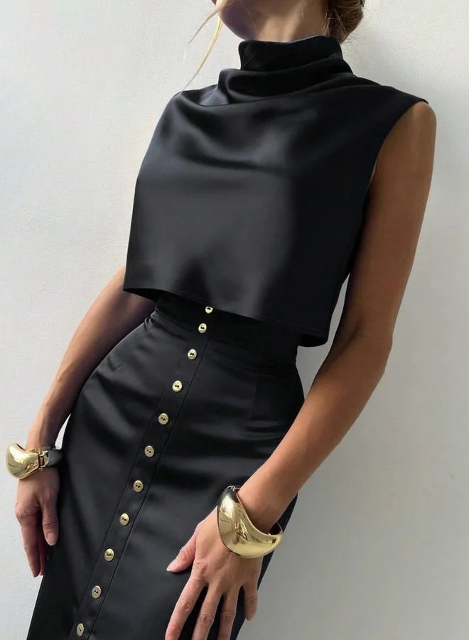 Take Two Black Satin Crop Top and High Rise Maxi Skirt Co-Ords