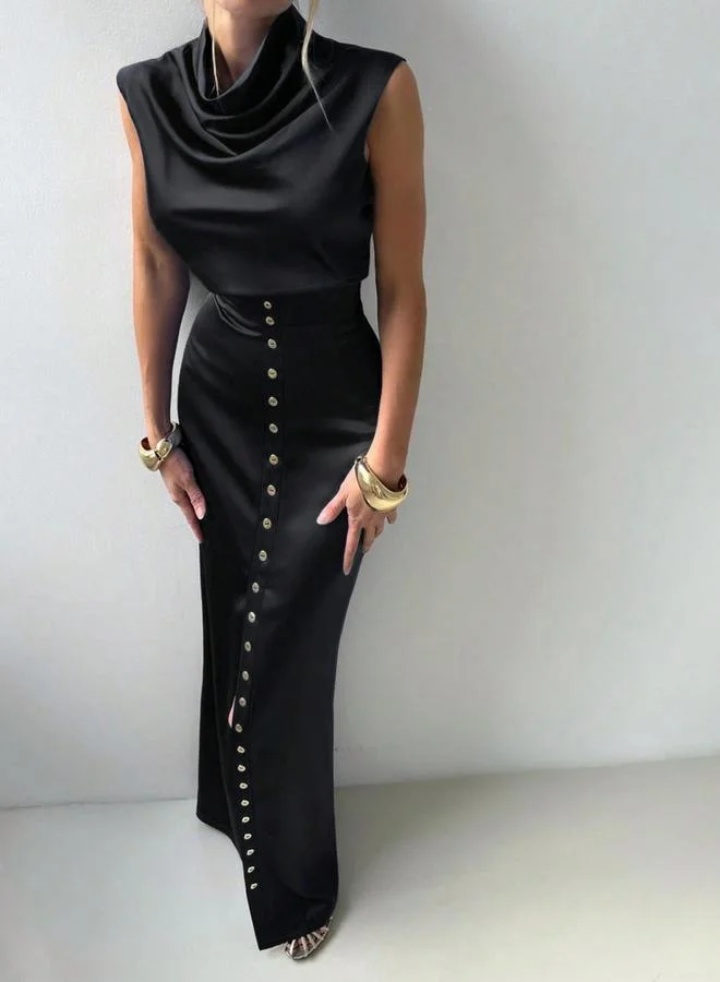 Take Two Black Satin Crop Top and High Rise Maxi Skirt Co-Ords