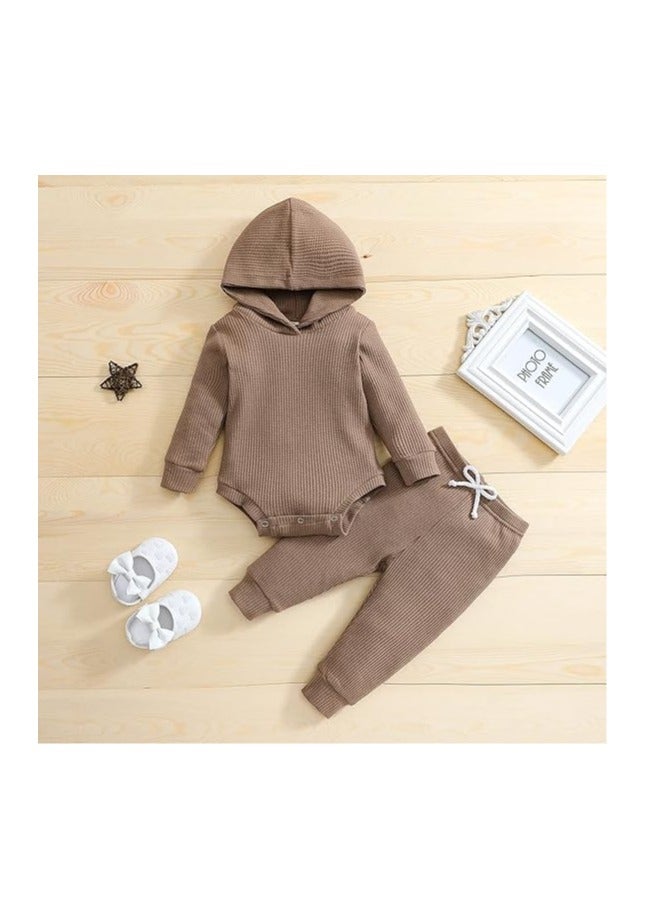 Newborn Unisex Baby Clothes Set Hooded Long Sleeve Bodysuit Stretchy Pants Ribbed Outfits Fall Winter - Image 2