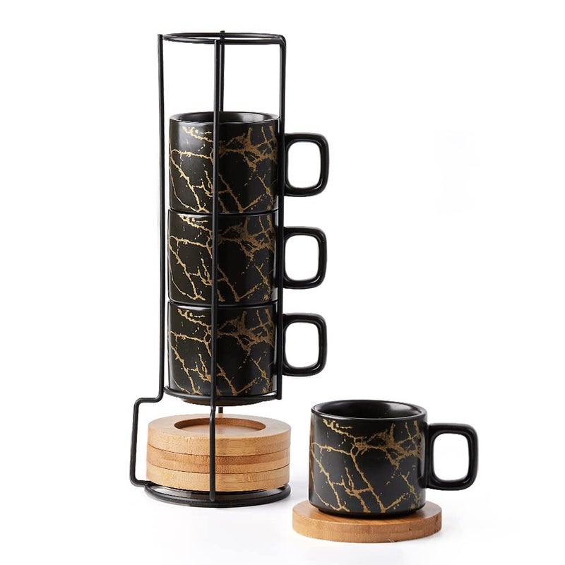 LUKA Porcelain Espresso Cup with Saucer and Metal Stand, 4 Ounce Stackable Ceramic Demitasse Espresso Mugs Cups Set for Latte,Coffee,Cafe Mocha,Tea(Set of 4) - Image 1