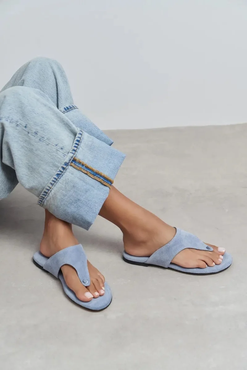 Nisantasi Shoes Almira Suede Leather Flat Toe Post Sandals