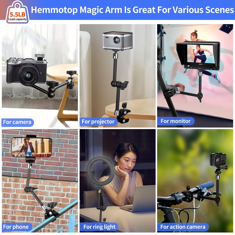 HEMMOTOP مشبك تركيب الكاميرا هيموتوب ماجيك أرم، 9.8 بوصة ذراع مفصلي قابل للتعديل، أقصى تحميل 6.6 رطل، لمراقبة آيفون، مجموعة حوامل ومشابك الكاميرا MS01 باللون الأسود - Image 5